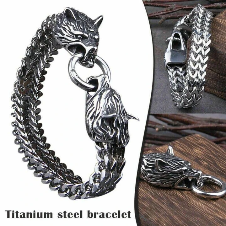 Viking Wolf Punk Mesh Chain Bracelet Charm for Men (3 Sizes)