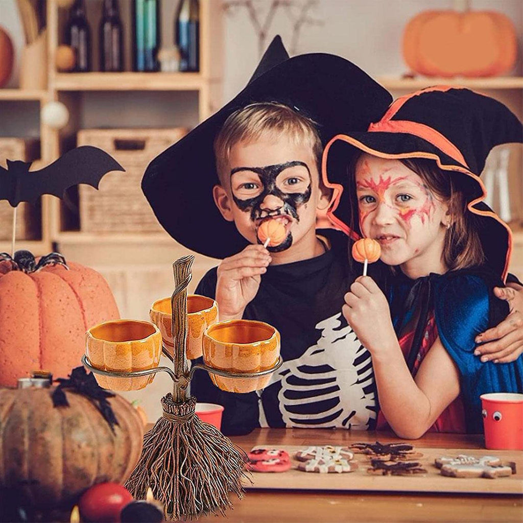 Creative Witches Broom Rack with Pumpkin Bowl