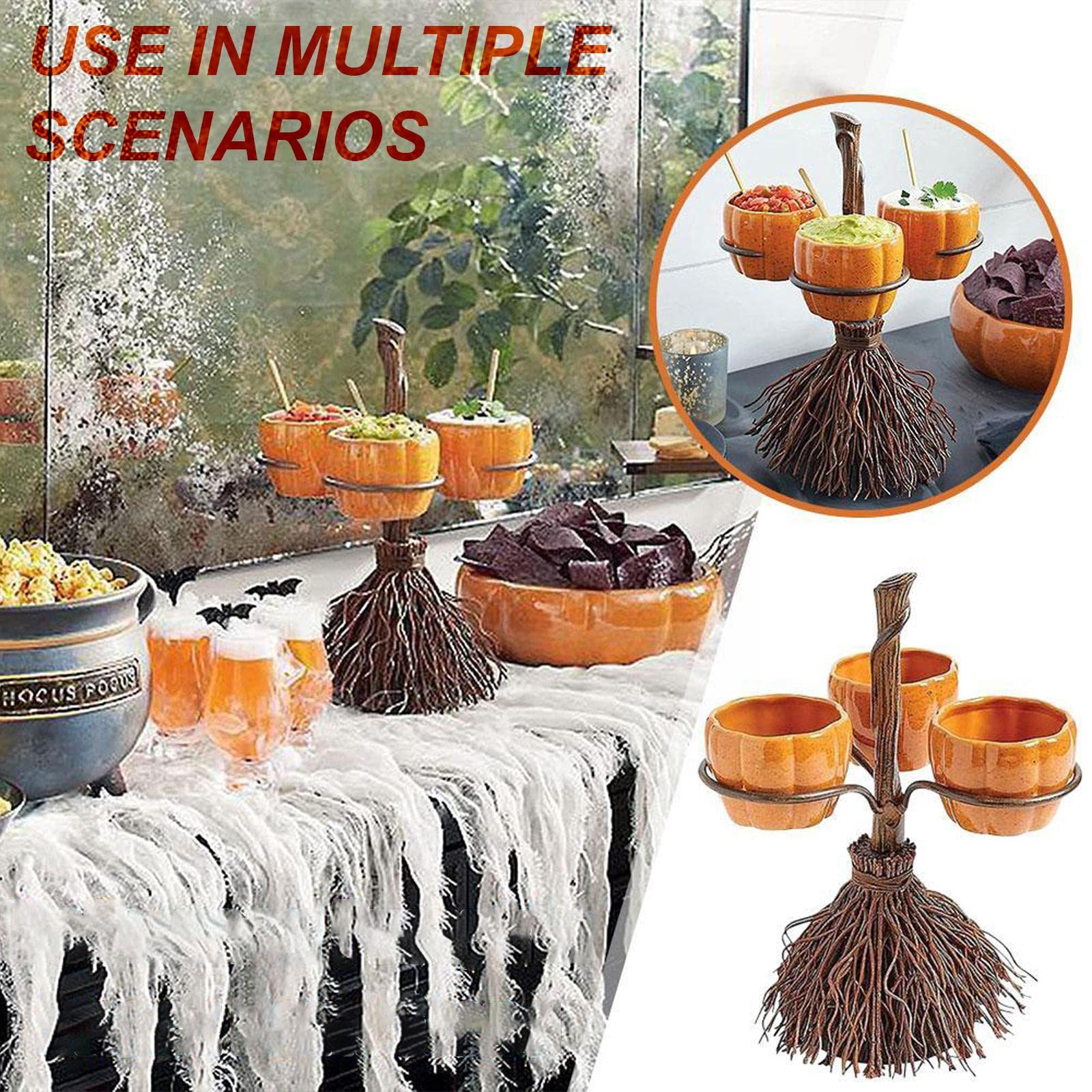 Creative Witches Broom Rack with Pumpkin Bowl