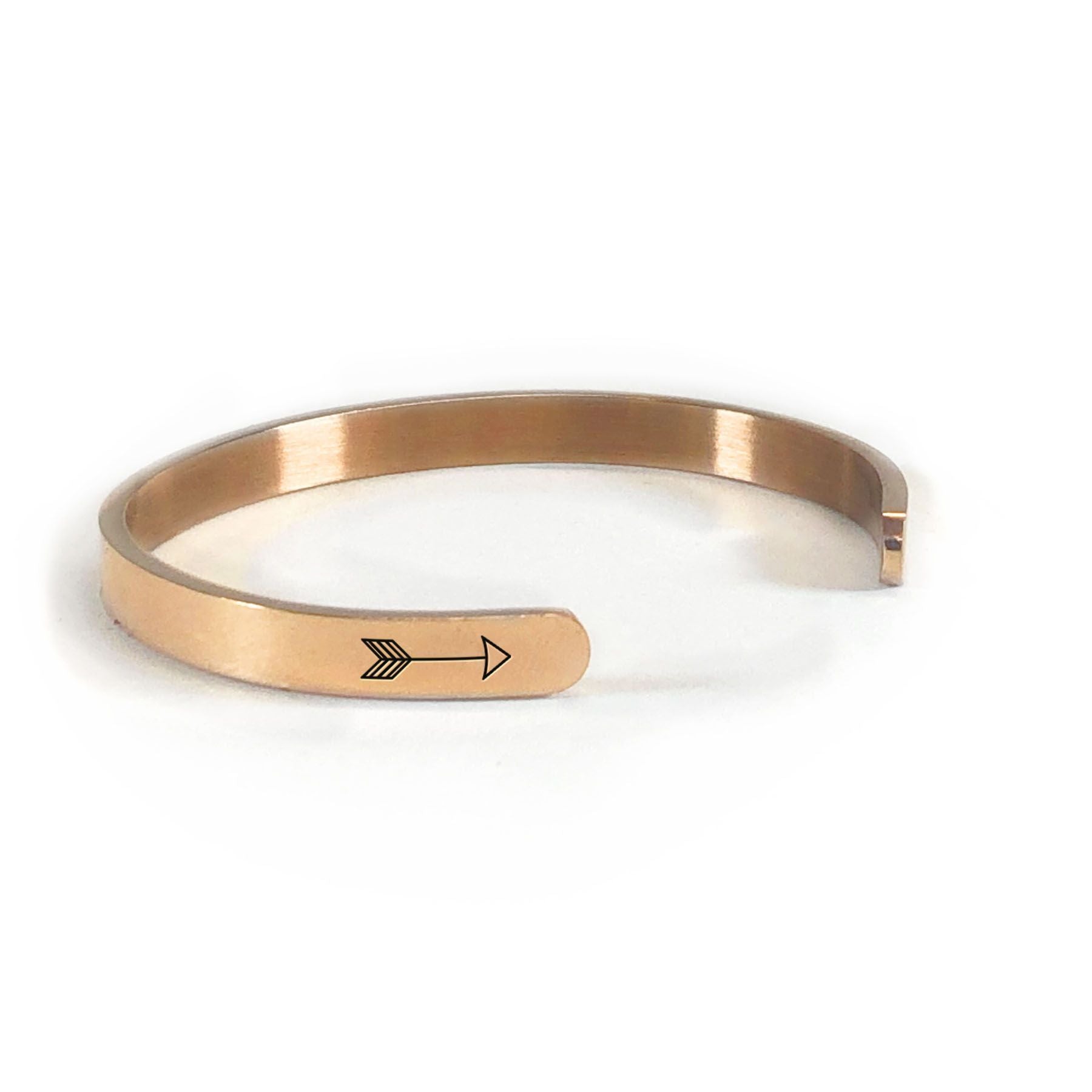 Live what you love bracelet in rose gold rotated to show arrows and cuff opening