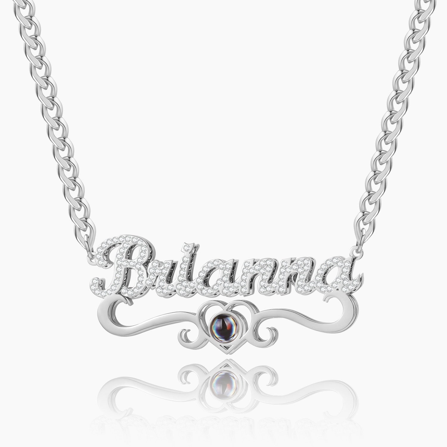 Double Plated Iced Heart Photo Name Necklace w/ Cuban Chain