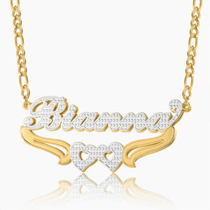 Double Plated Hearts Name Necklace w/ Figaro Chain