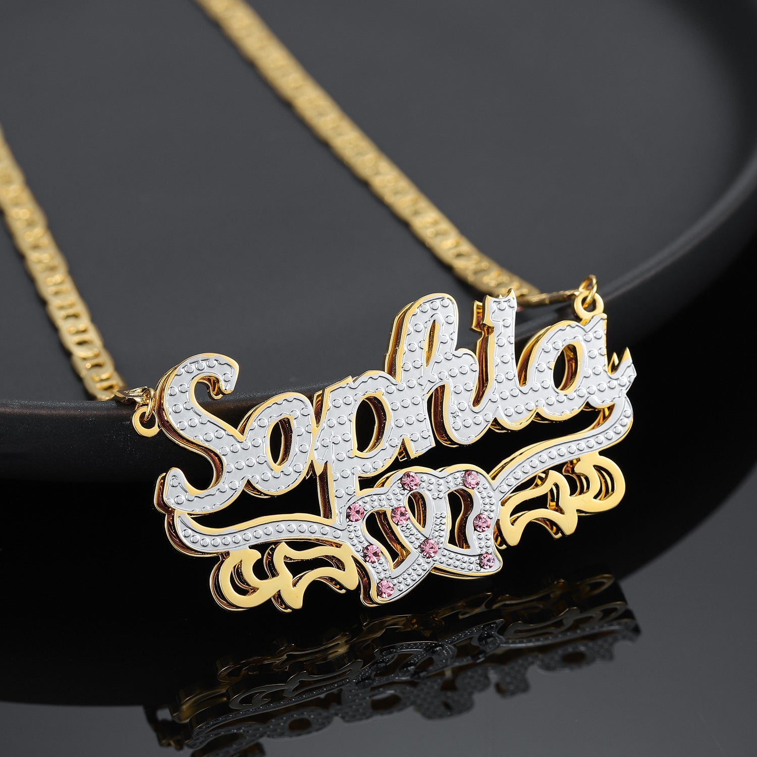 Double Plated Double Heart Name Necklace w/ Clip Chain