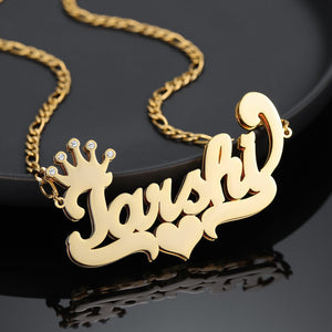 Double Plated Crown Heart Name Necklace w/ Figaro Chain