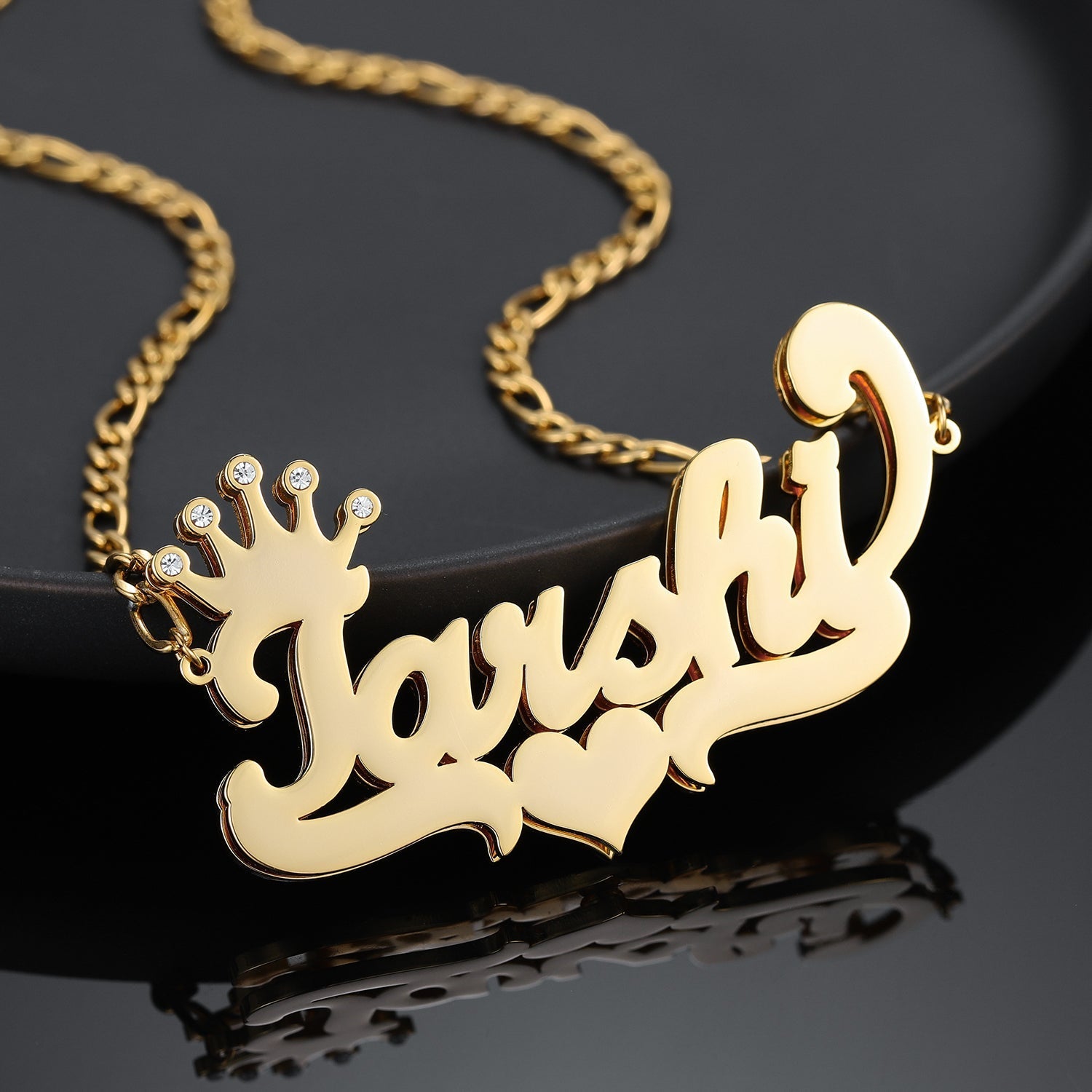 Kids Double Plated Crown Heart Name Necklace w/ Figaro Chain