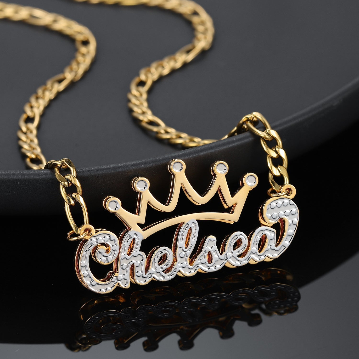 Kids Double Plated Crown Name Necklace w/ Figaro Chain