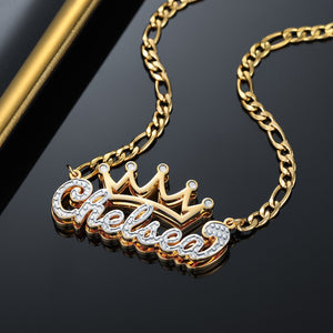 Double Plated Crown Name Necklace w/ Figaro Chain