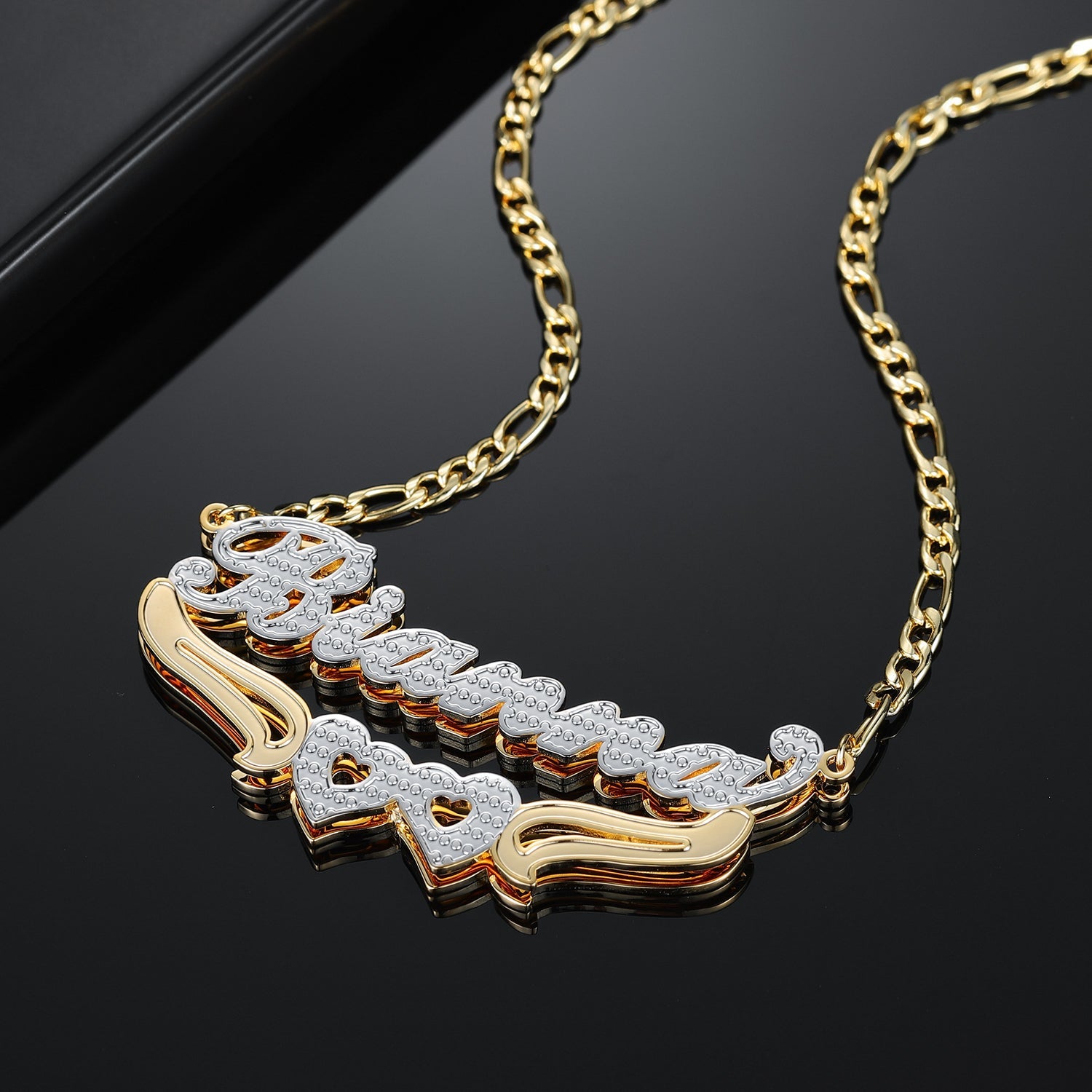 Double Plated Hearts Name Necklace w/ Figaro Chain