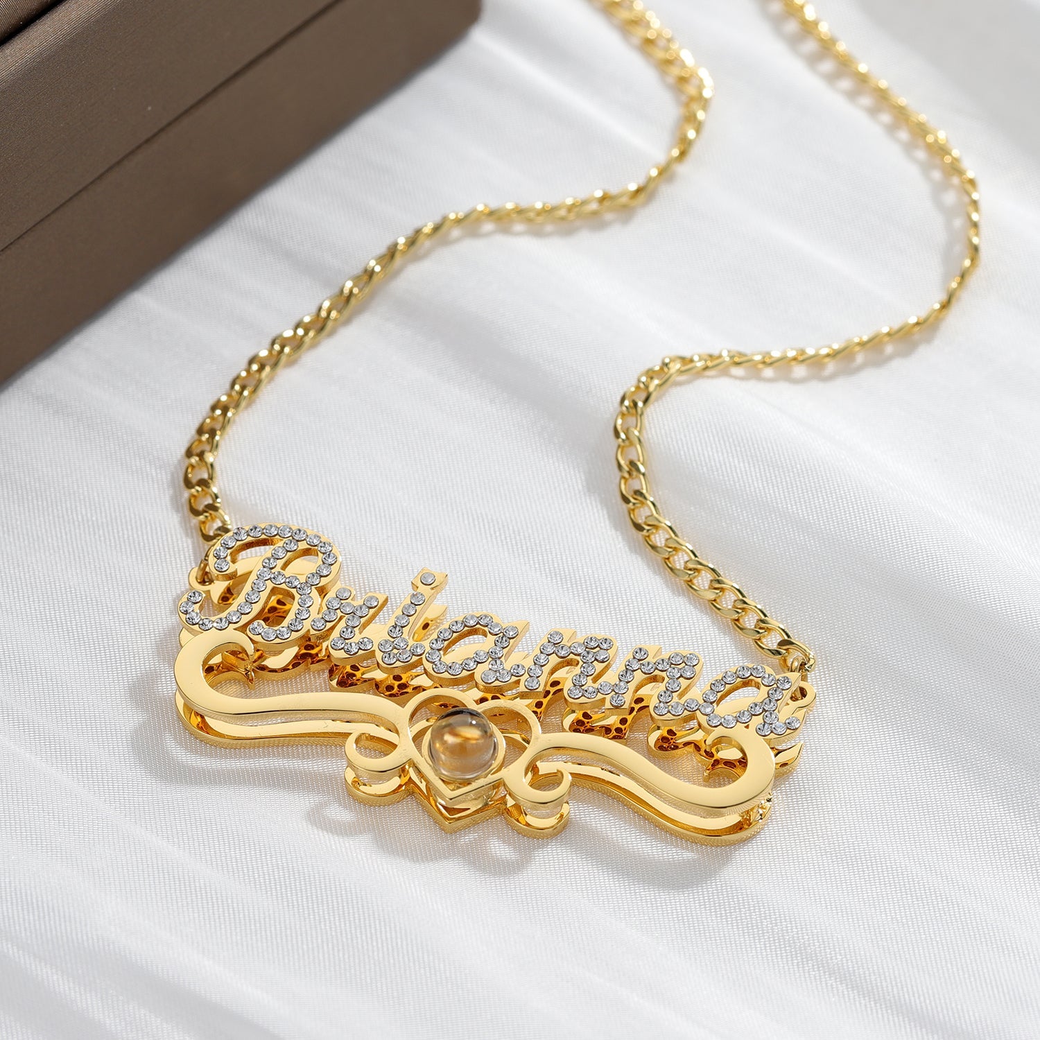 Double Plated Iced Heart Photo Name Necklace w/ Cuban Chain