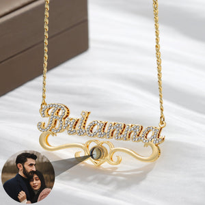 Double Plated Iced Heart Photo Name Necklace w/ Cuban Chain