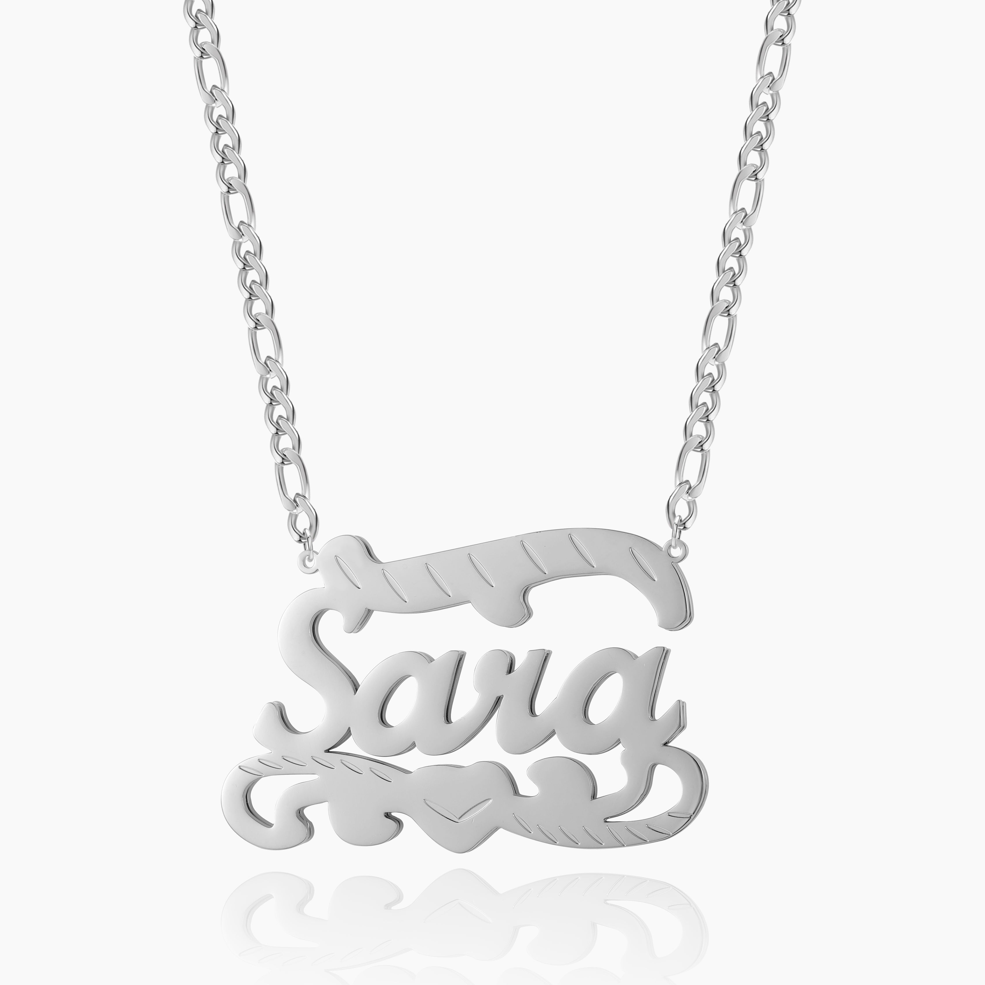 Double Plated Name Heart Necklace w/ Figaro Chain