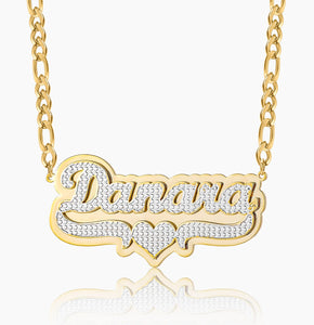 Double Plated Pop Out Heart Name Necklace w/ Figaro Chain