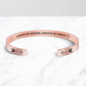 Always My Mother, Forever My Friend Cuff Bracelet bracelet with rose gold plating on a marble background