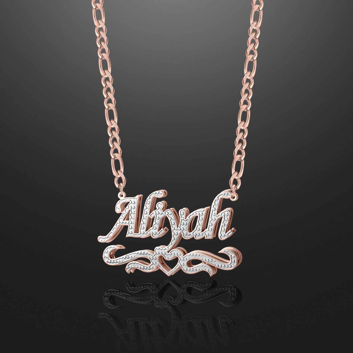Double Plated Heart Title Name Necklace w/ Figaro Chain