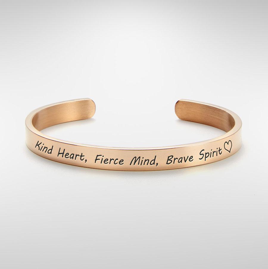 Kind heart, fierce mind, brave spirit bracelet with rose gold plating